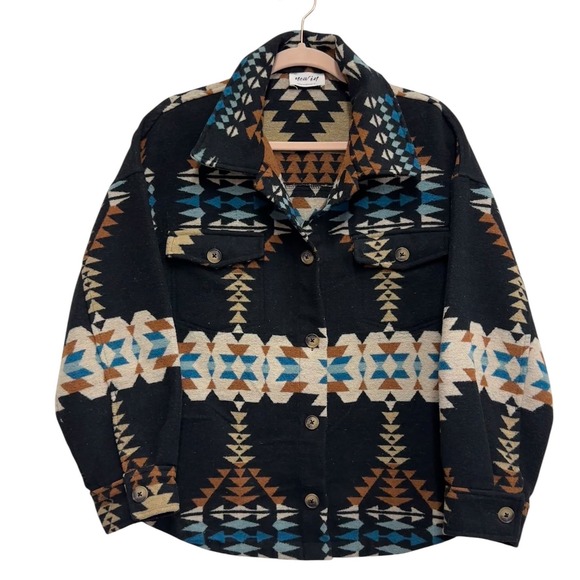 new in Jackets & Blazers - New In Women's M Aztec Shacket Jacket Black Western Southwest Button Front